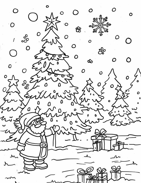 Santa admires a Christmas tree in the snow, surrounded by gifts and more trees