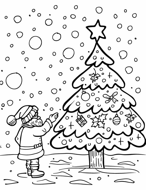 Santa decorates a Christmas tree in the snow with ornaments and holiday cheer