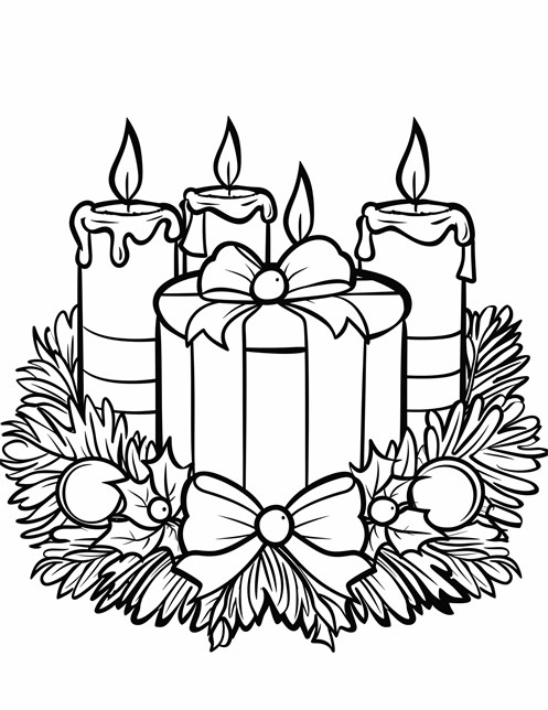 Candles surround a gift box with bows and ornaments in a Christmas wreath