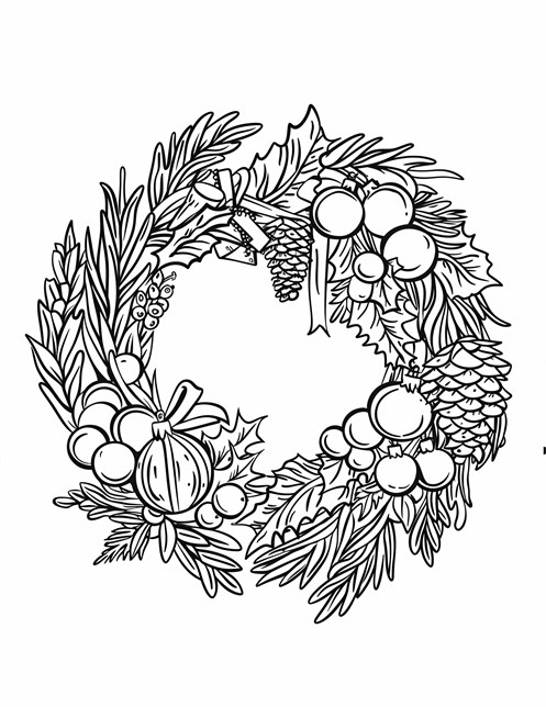 A festive wreath with pinecones, ornaments, and berries, ready for holiday decorating