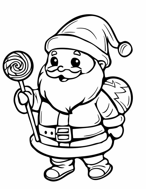 Santa holds a big lollipop with a happy smile and a sack of gifts