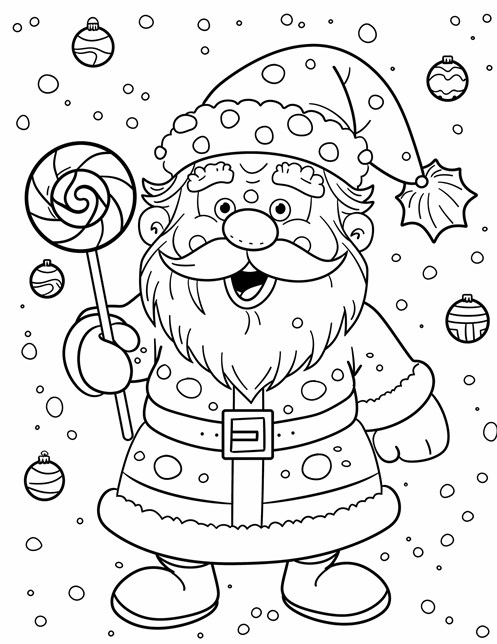 Santa holds a big lollipop with a joyful smile, surrounded by ornaments and snowflakes