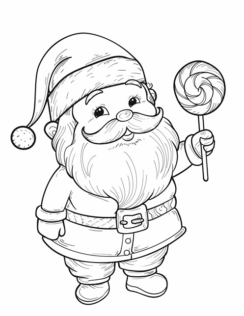 Santa holds a swirly lollipop, smiling happily in his festive outfit