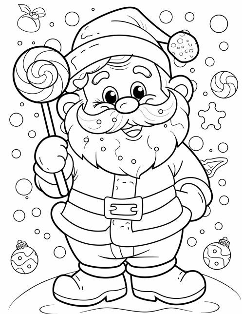 Santa holds a big lollipop, surrounded by ornaments, snowflakes, and Christmas decorations