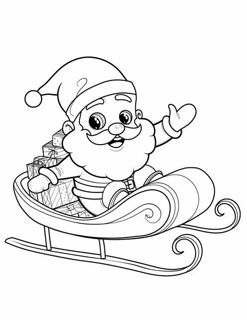 Santa rides a sleigh full of presents, waving with a joyful smile