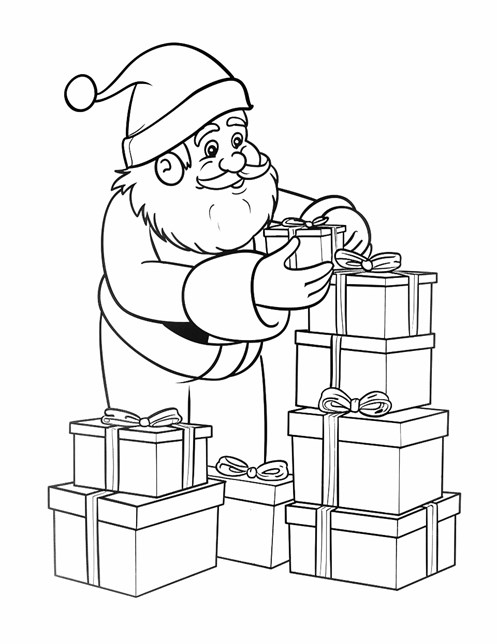 Santa stacks presents carefully, making sure each gift is perfectly placed