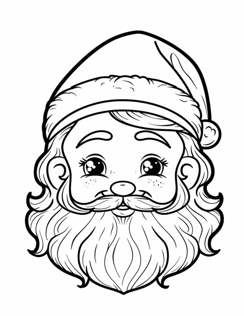 Santa’s happy face with a big beard and sparkling eyes wearing a Santa hat