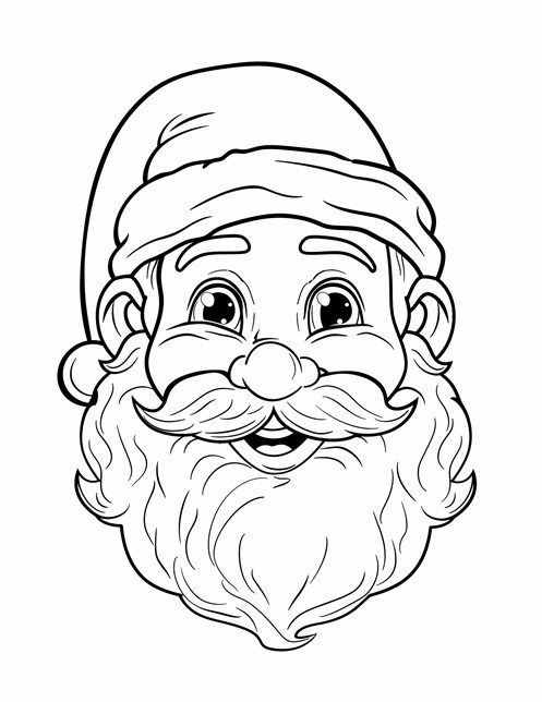 Santa’s joyful face with a big beard, bright eyes, and wearing a festive hat