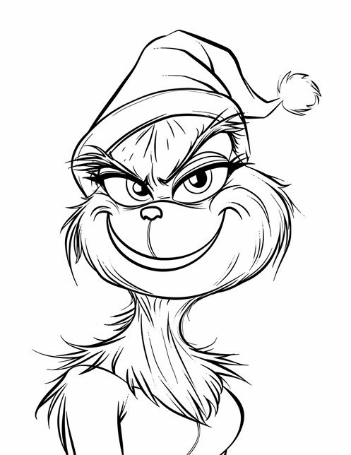 Grinch furry character in a Santa hat with a mischievous look