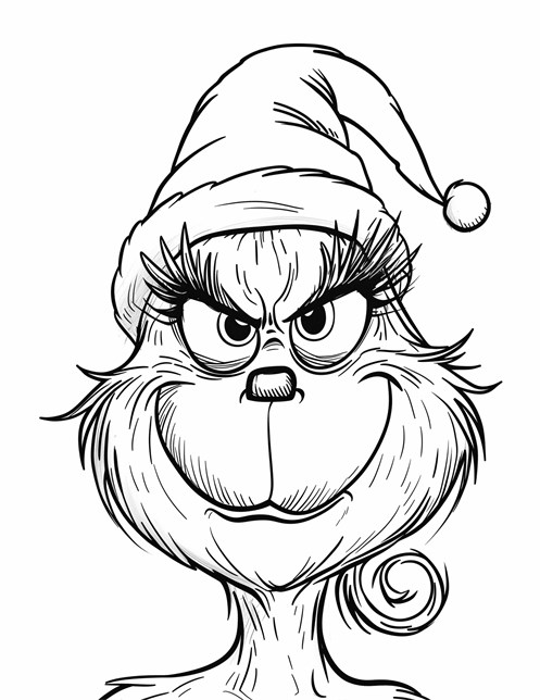 A grumpy, furry character wearing a Santa hat with an unhappy, scowling expression