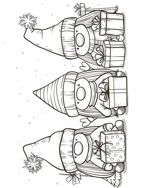 Three cute gnomes holding gifts, wearing tall hats, ready for Christmas surprises