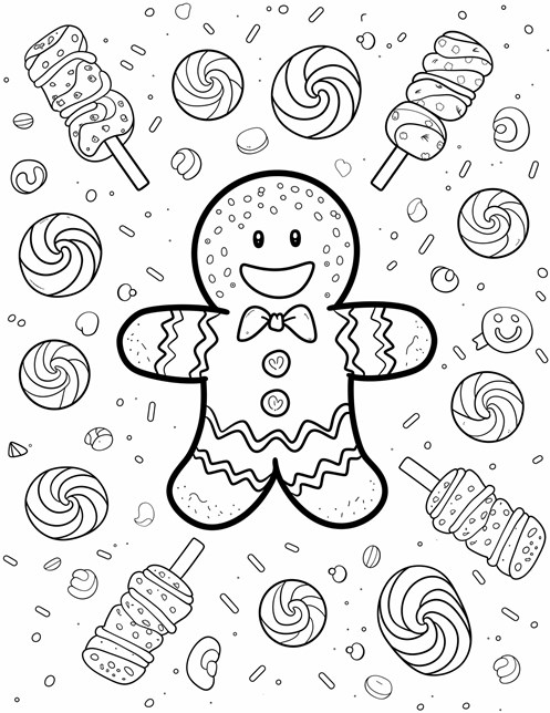 A happy gingerbread man surrounded by candies, lollipops, and sprinkles