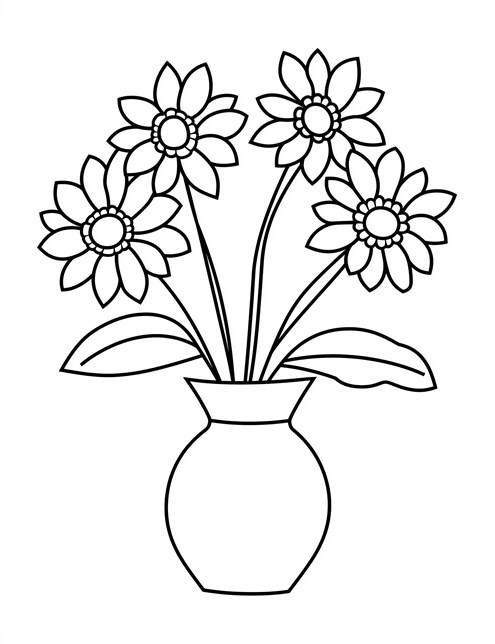 A drawing of flowers in a vase with big petals and leaves