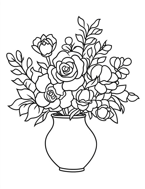 A drawing of detailed flowers in a vase with lots of petals and leaves