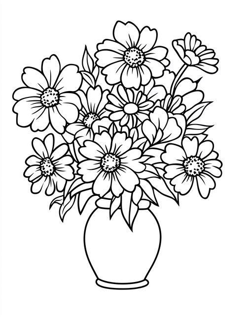 A drawing of a vase filled with large flowers with many petals and leaves