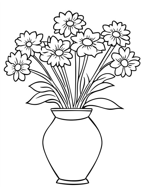 A drawing of a vase with simple flowers and long leaves