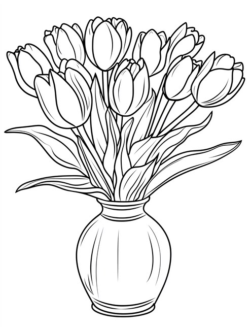 A drawing of a vase filled with tall, elegant tulips and long leaves