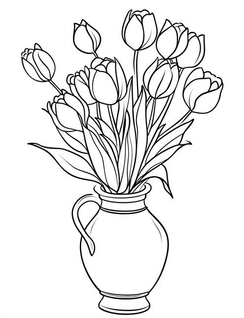 A drawing of tulips in a jug shaped vase with long leaves and stems