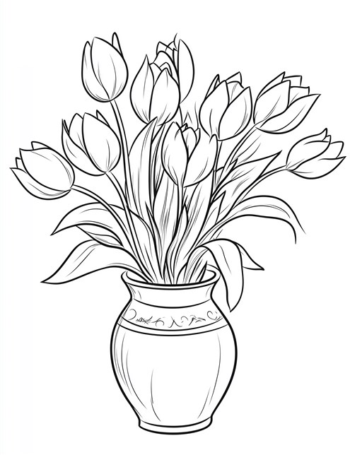 A drawing of tulips in a decorated vase with lots of leaves