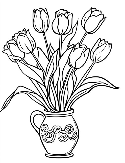 A drawing of tulips in a patterned jug with swirling designs and leaves