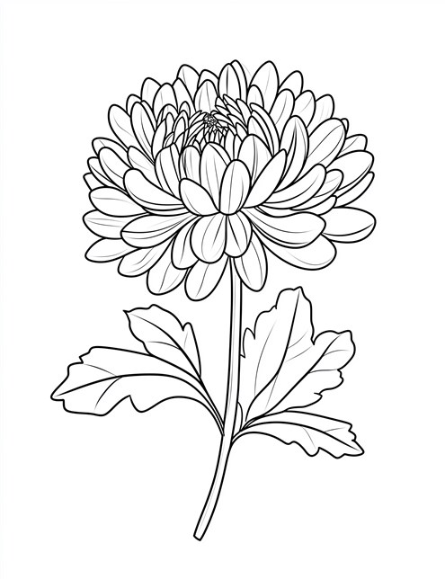 A detailed drawing of a single flower with many petals and leaves