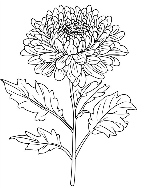 A detailed drawing of a big flower with many petals and several leaves