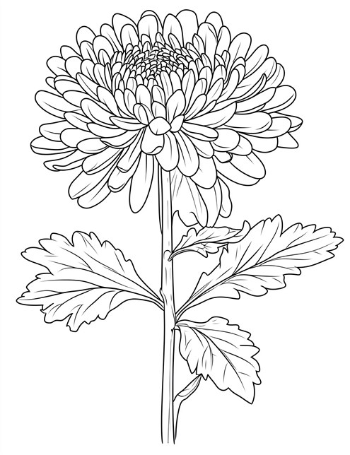 A drawing of a large flower with layered petals, leaves, and a tall stem