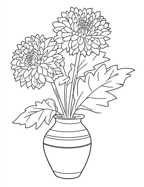 A drawing of two big flowers in a vase with large leaves