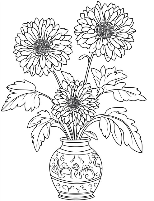 A drawing of three large flowers in a patterned vase with big leaves