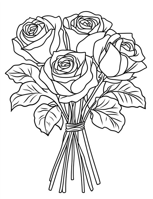 A drawing of a bunch of roses tied together with leaves and long stems