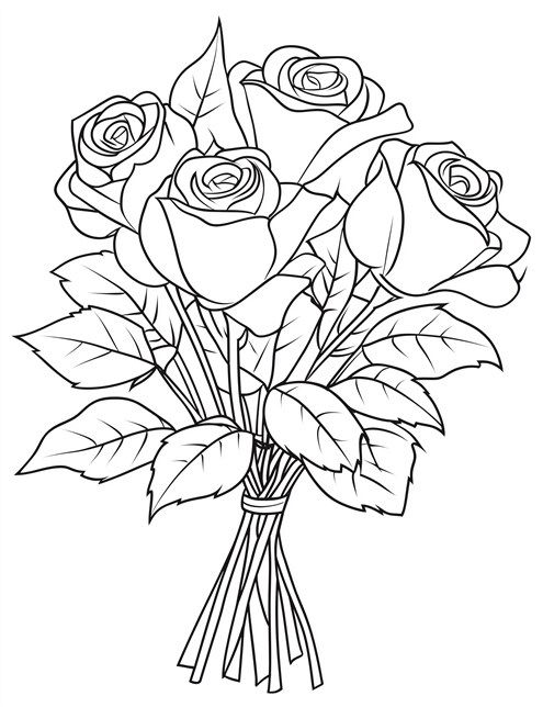 A drawing of a bouquet of roses with lots of leaves tied together