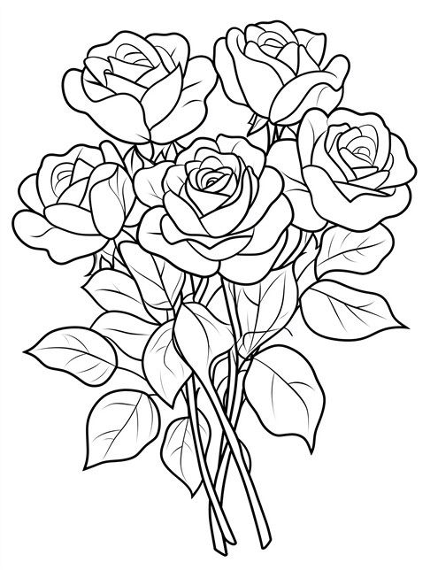 A drawing of five roses with leaves on long stems in a bunch