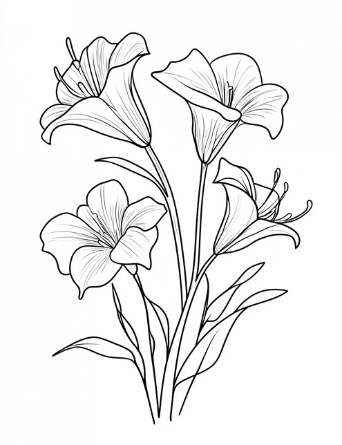 A drawing of four large flowers with long stems and leaves