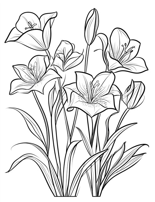 A drawing of several blooming lilies with buds, long stems, and leaves