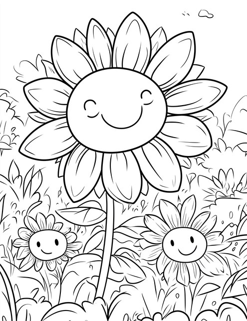 A drawing of smiling sunflowers with happy faces in a field