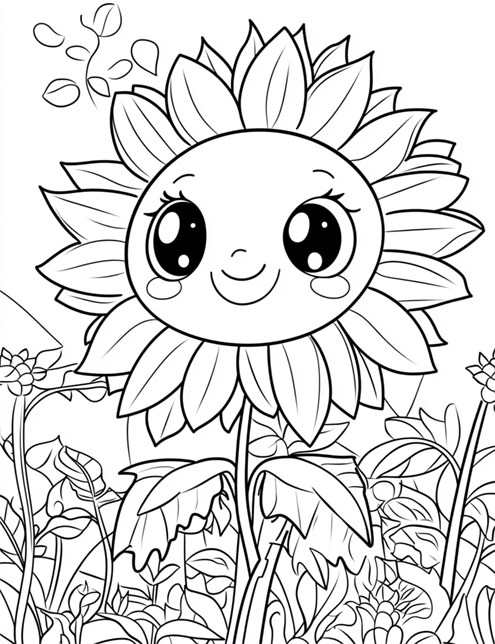 A cute sunflower with big eyes and a smiling face in a garden