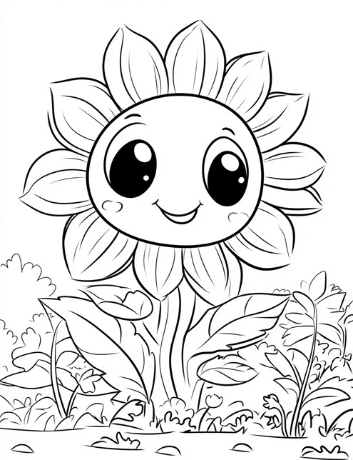 A cute sunflower with big, shiny eyes and a happy smile in a garden