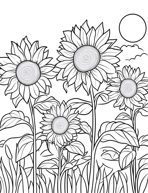 Four tall sunflowers with big centers and leaves in a field under the sun