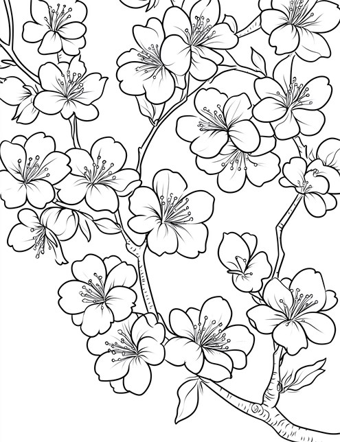 A drawing of many flowers blooming on branches with lots of petals and tiny dots inside