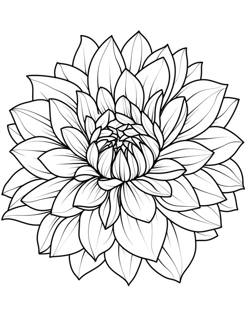 A large flower with many layers of petals, drawn in detailed lines