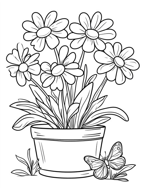 A potted plant with big flowers and a butterfly resting beside it