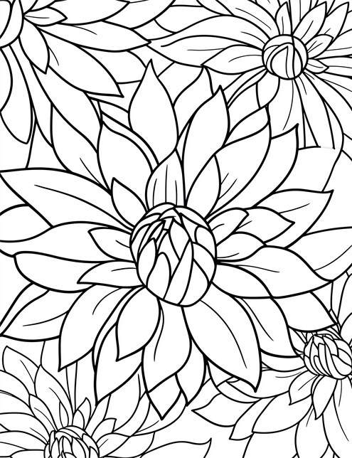 A close up drawing of several large flowers with layered petals overlapping each other