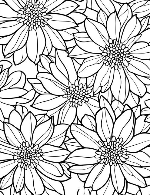 A close up drawing of many flowers with lots of petals and detailed centers overlapping each other