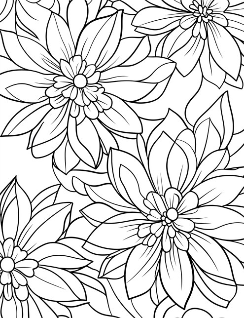 A drawing of large, overlapping flowers with many layered petals and simple centers