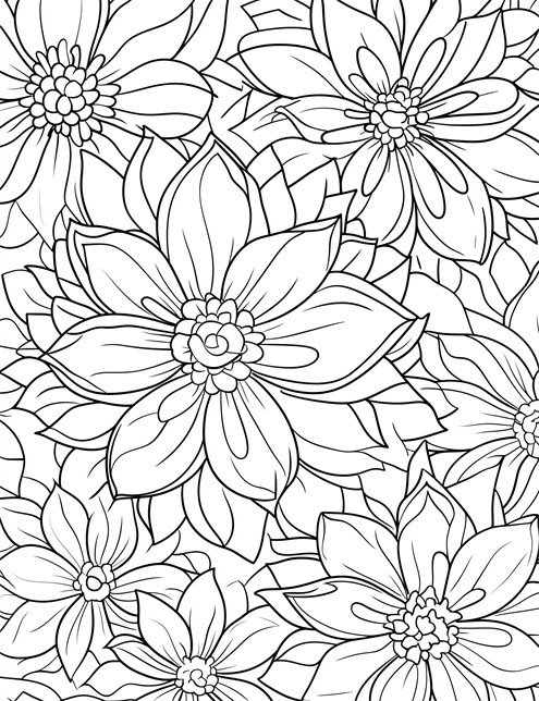 A drawing of large, overlapping flowers with many petals and textured centers