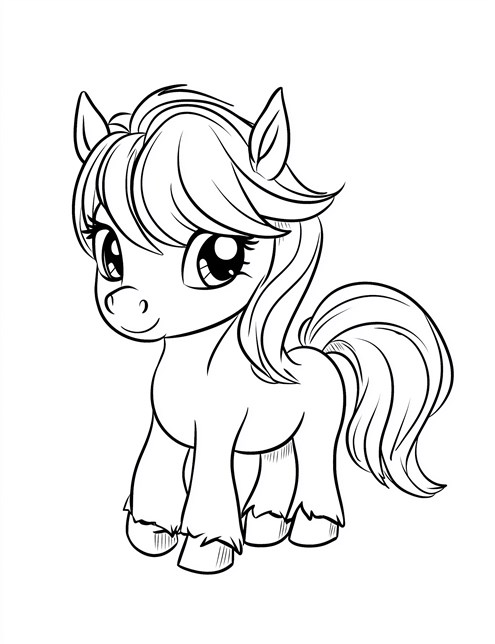 A cute, cartoon pony with big eyes, fluffy mane, and a swishy tail