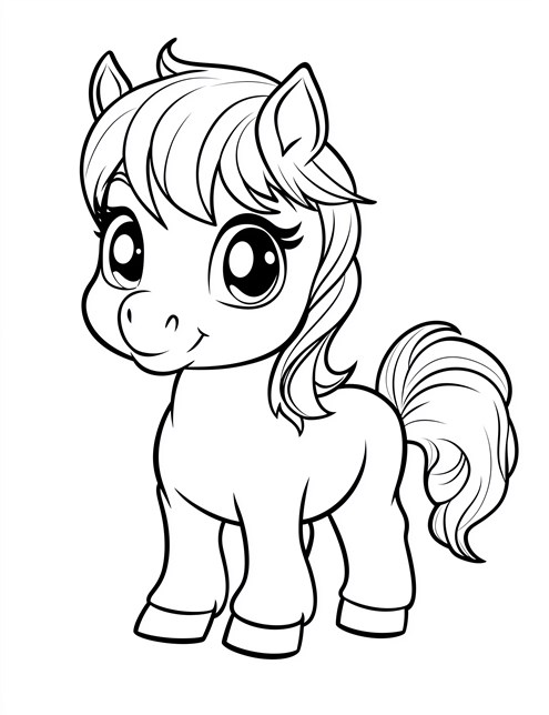 A cute, big eyed cartoon pony with a fluffy mane and swirly tail stands happily