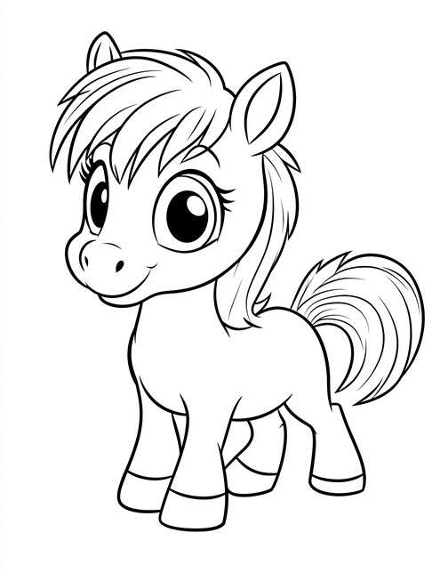 A happy, cartoon pony with big eyes, fluffy mane, and a curly tail