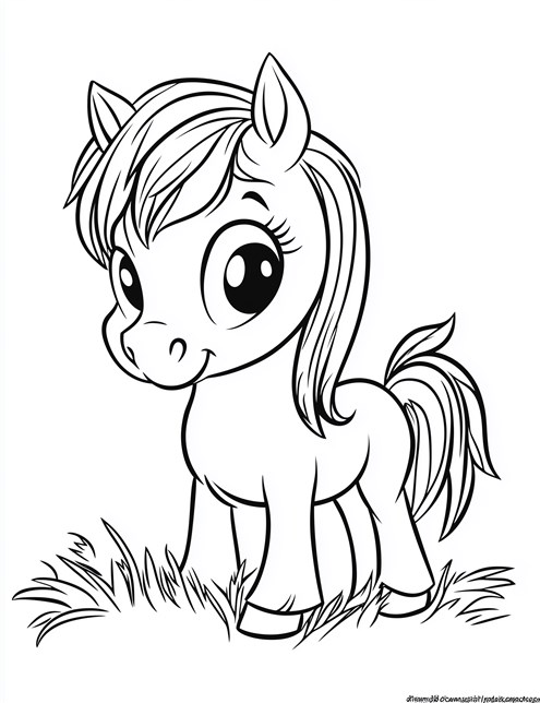 A cute pony with big eyes stands on the grass, smiling cheerfully