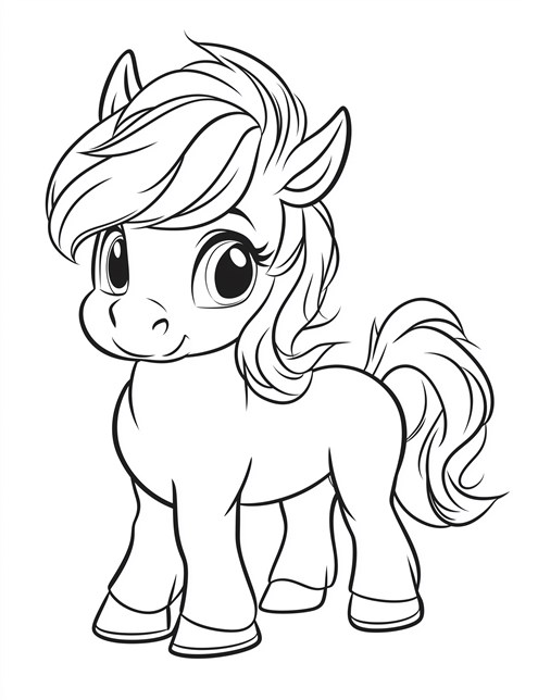 A cute, big eyed pony with a fluffy mane is standing and smiling at you